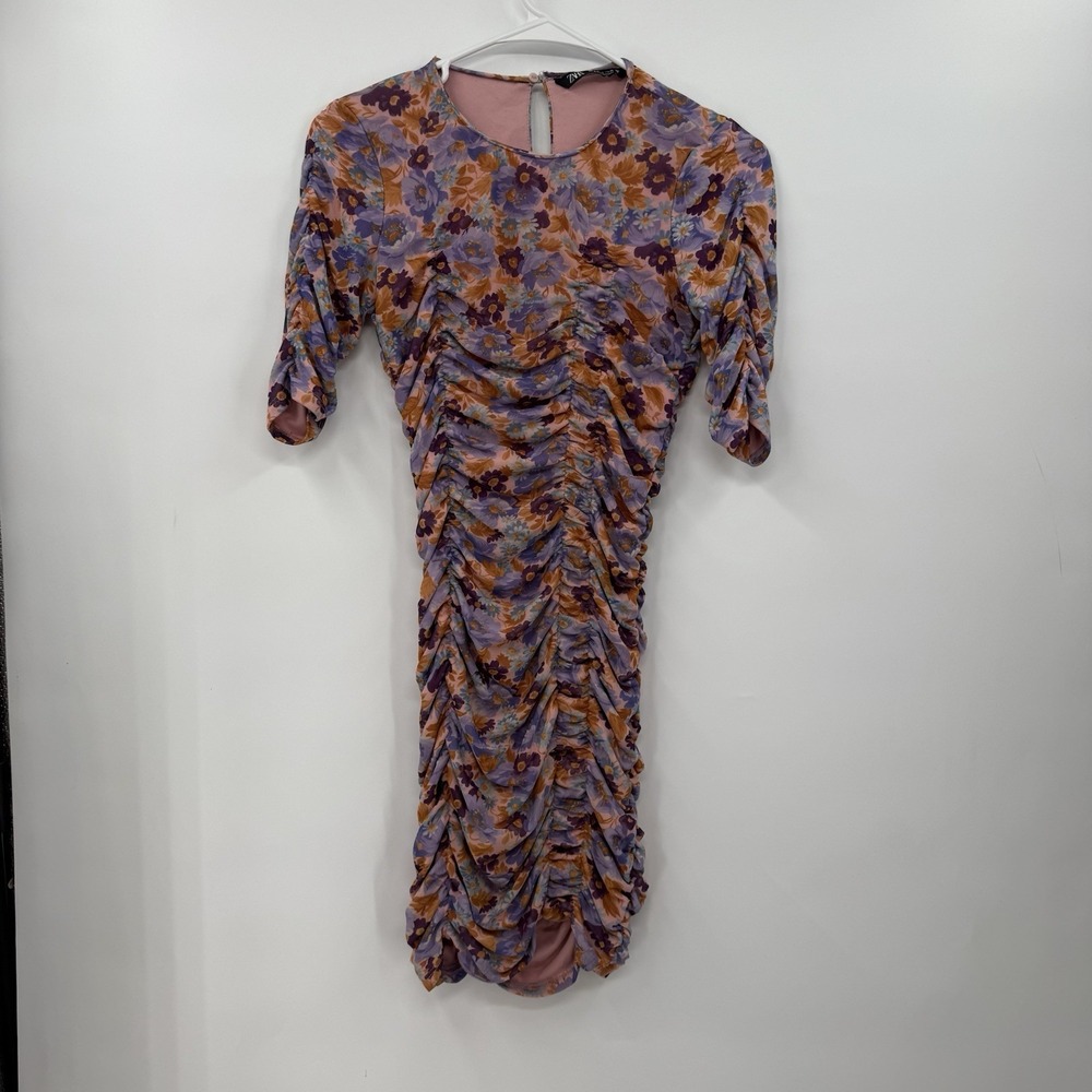 Zara Floral Ruched Bodycon Short Dress Long Sleeve Pink Lilac Purple Size Small
